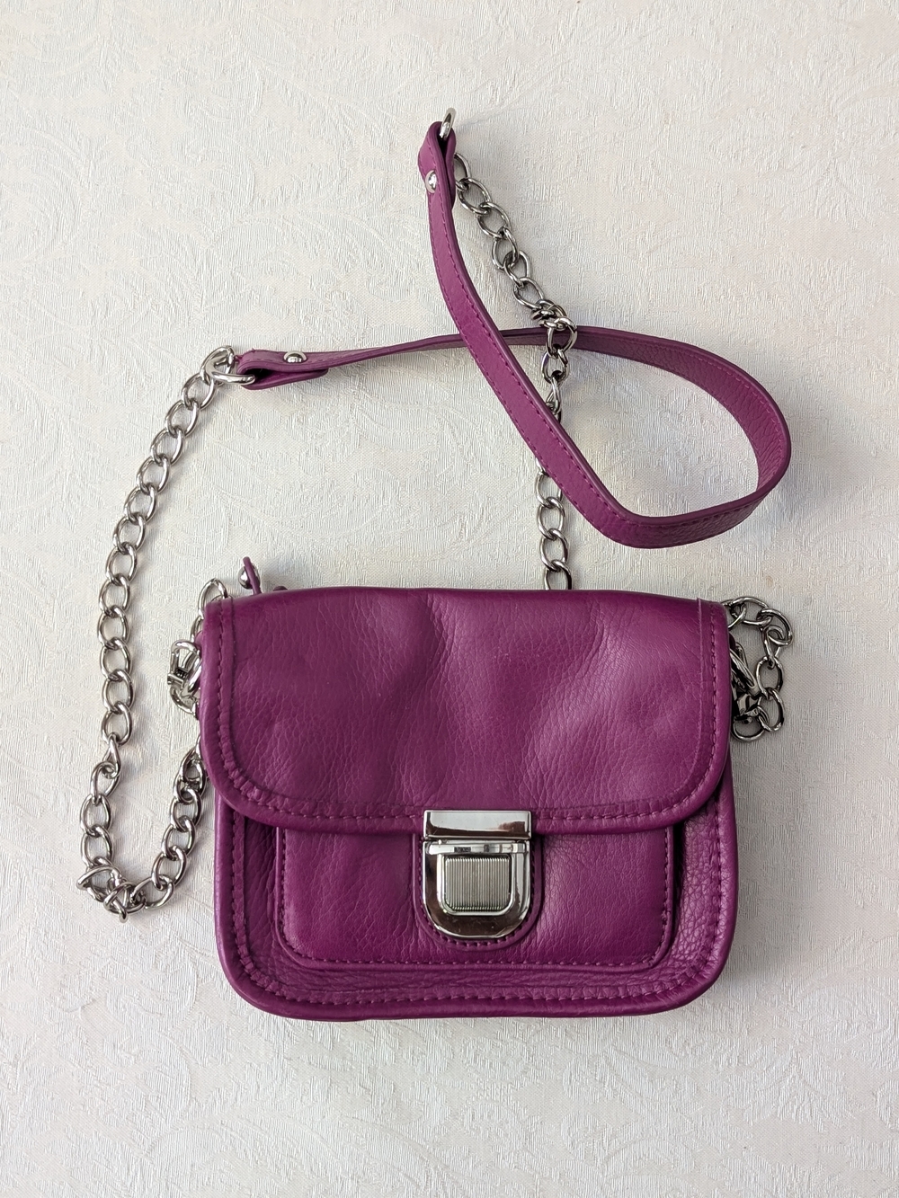 Audrey Brooke Purple Small Crossbody Turn Lock Silver Hardware Chain Strap